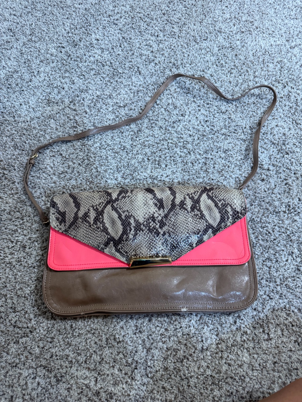 Snake-Print Foldover Crossbody Bag with Pink Accent